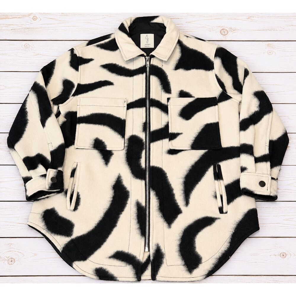 Joie Black Cream Abstract Print Fleece Shacket Zip Oversized Coat Size M 4873
